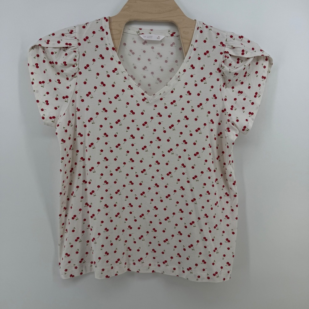 LC Lauren Conrad Womens XL White Red Cherry Print V-Neck Puff Sleeve Top NWOT